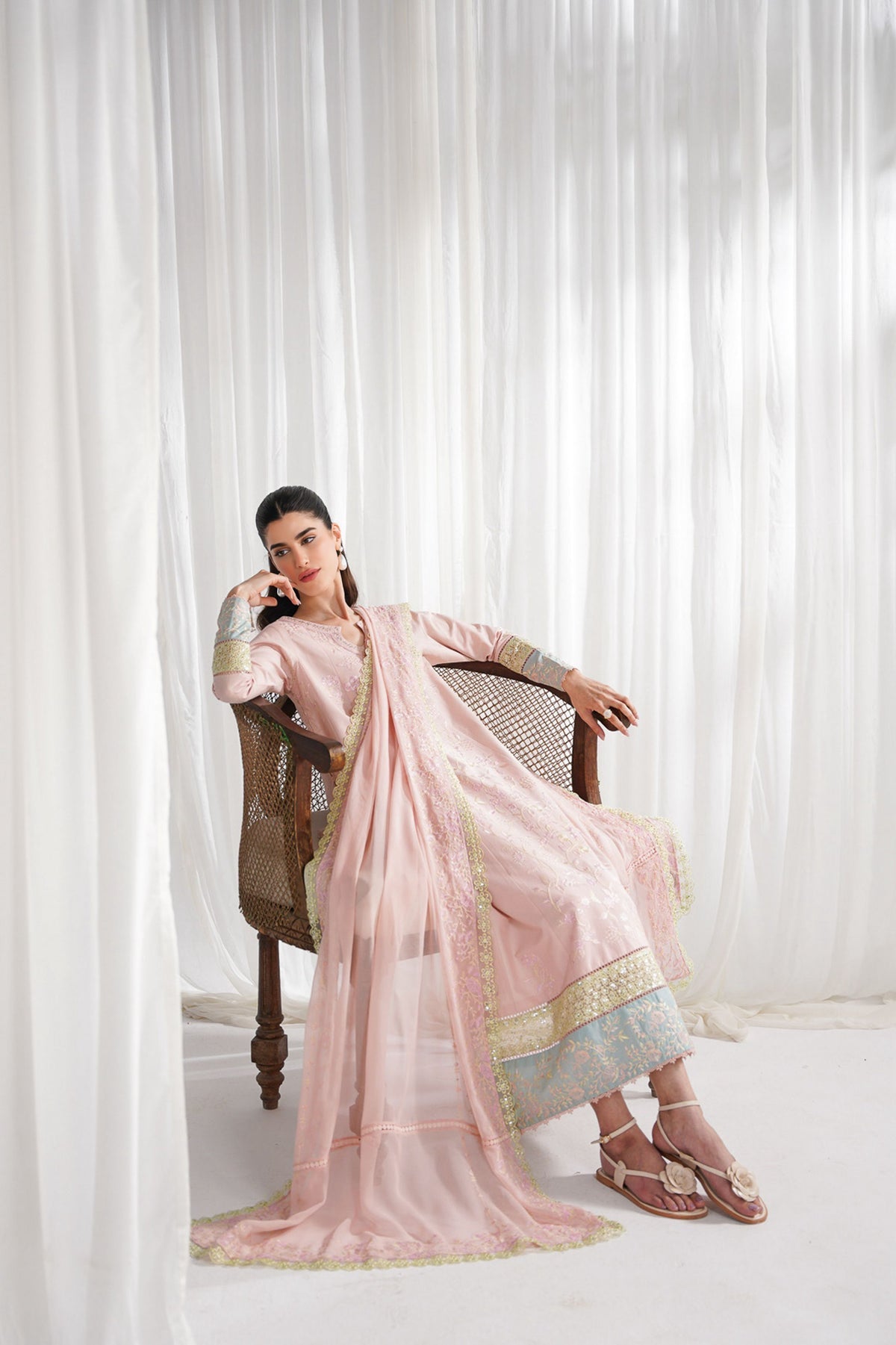 PASTEL PINK LUXURY EMBROIDERED 3PCS KALIDAR SET NPA3-25413 (EID 2025 READY TO WEAR)