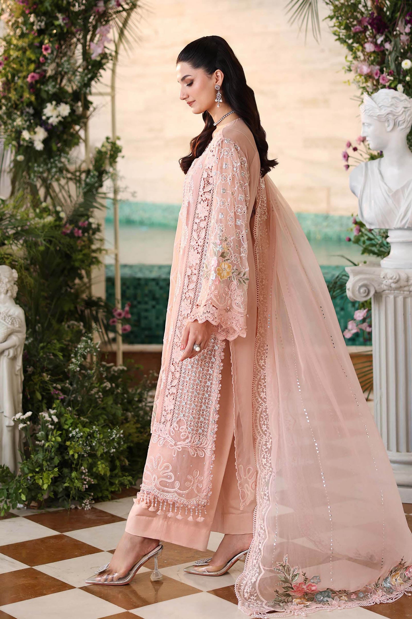 3 Piece Embroidered Chiffon Suit  MPC-26-104-Peach Pink