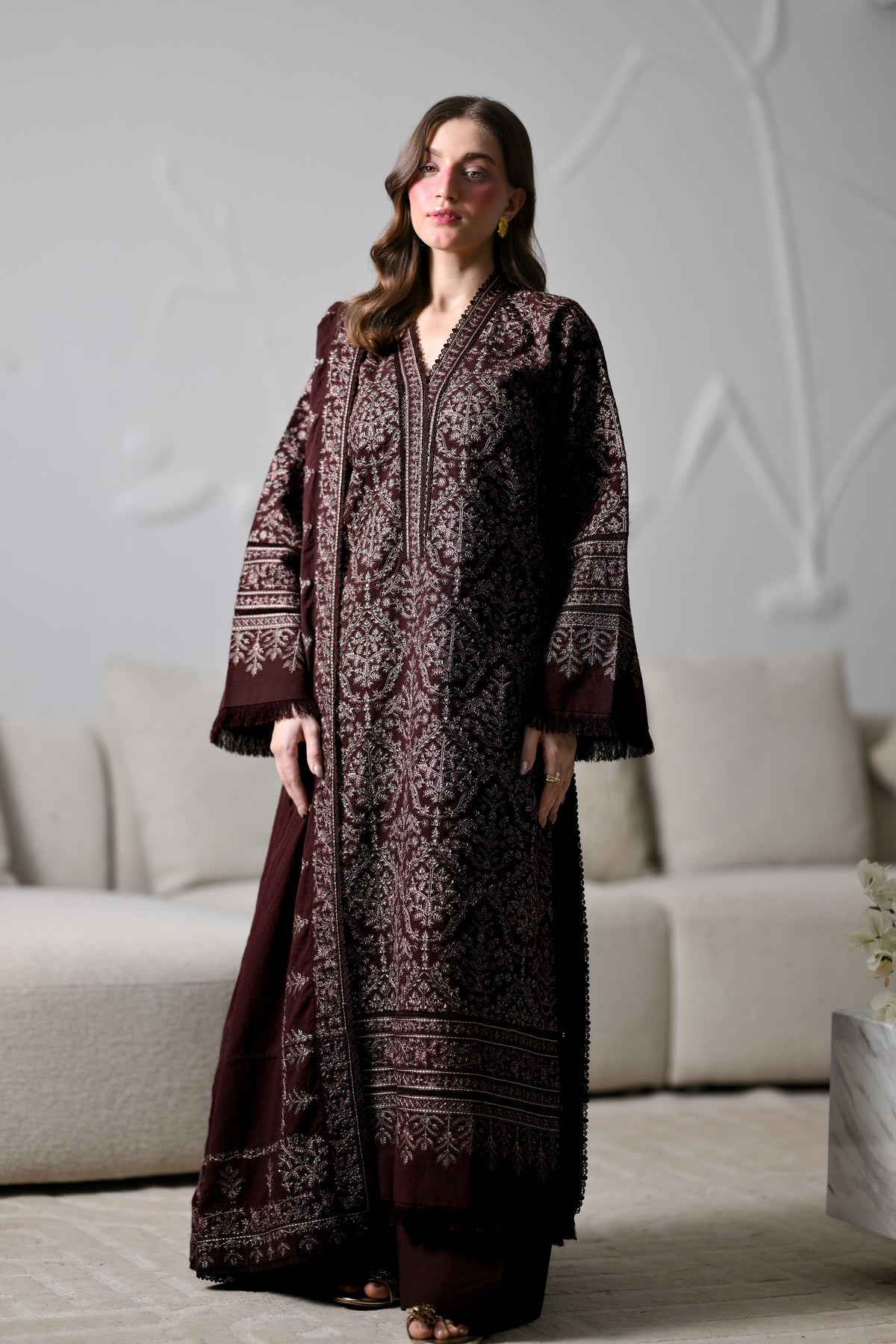 MIRA I - CHOCOLATE BROWN LUXURY EMBROIDERED KARANDI 3PCS SET (NEL-26634)