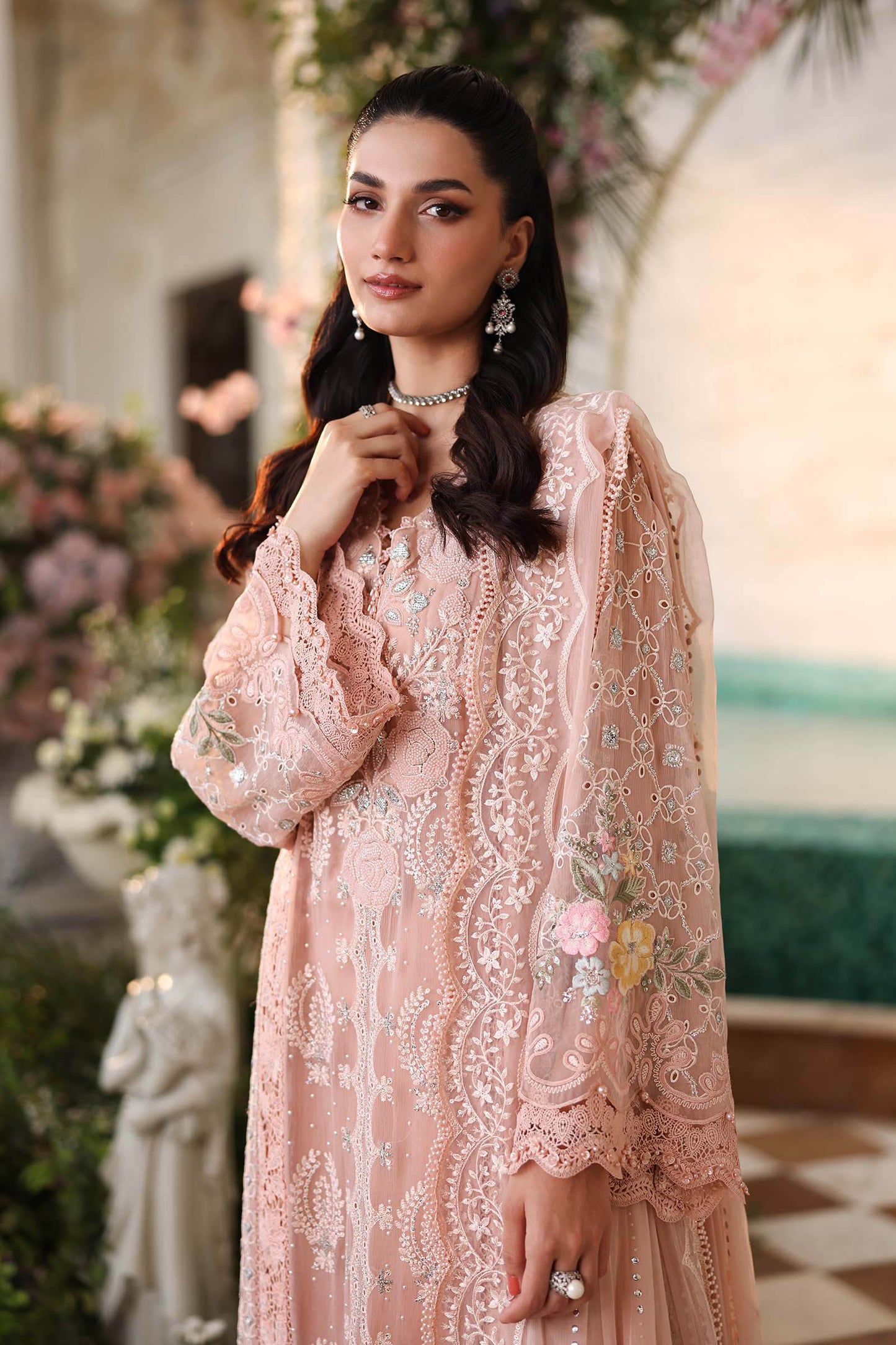 3 Piece Embroidered Chiffon Suit  MPC-26-104-Peach Pink