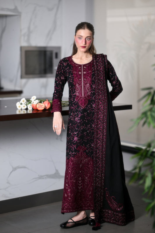 SOON - BLACK AND MAROON LUXURY EMBROIDERED KARANDI 3PCS SET (NEL-26643)