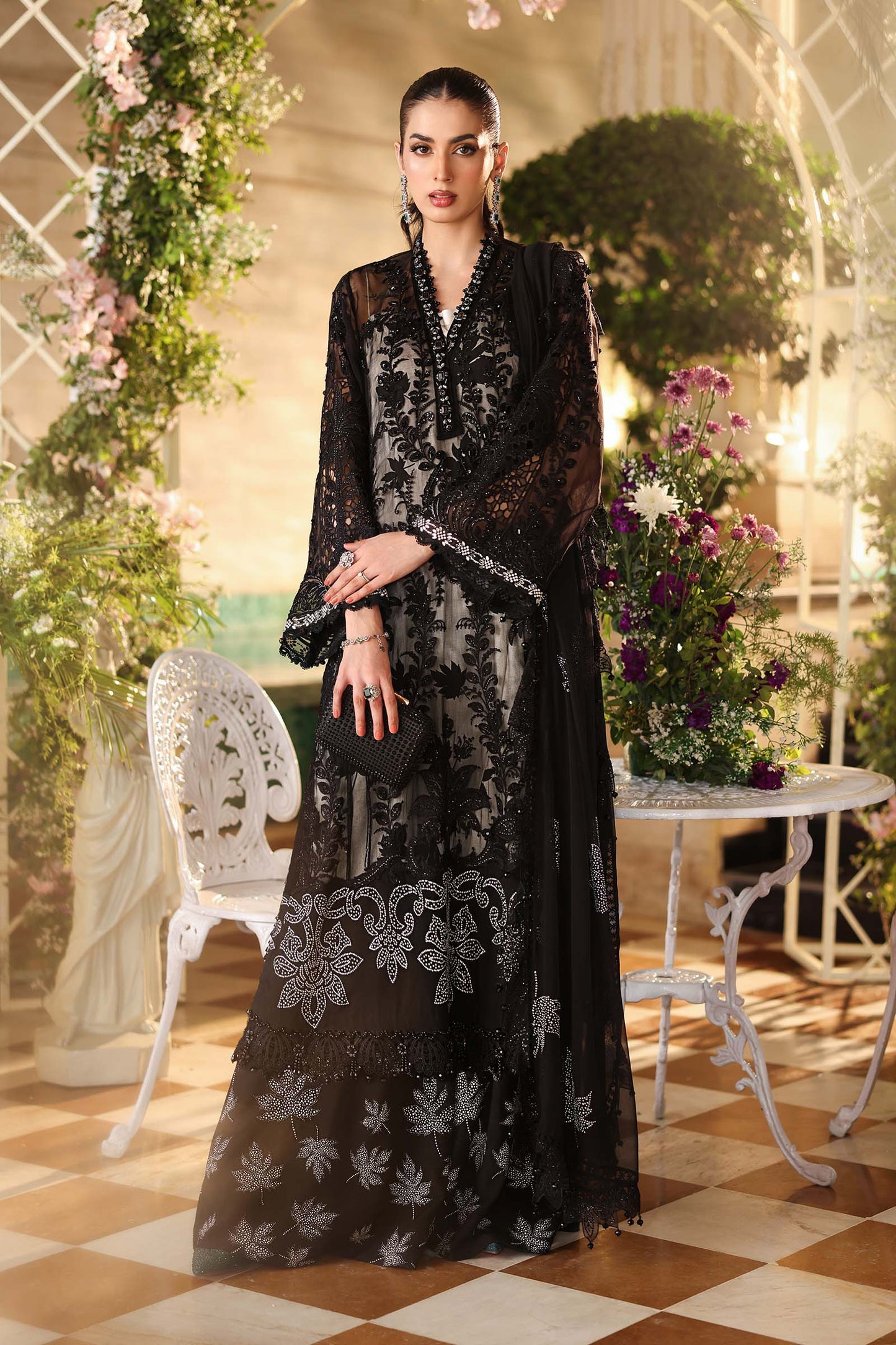 3 Piece Embroidered Chiffon Suit - MPC-26-101-Black