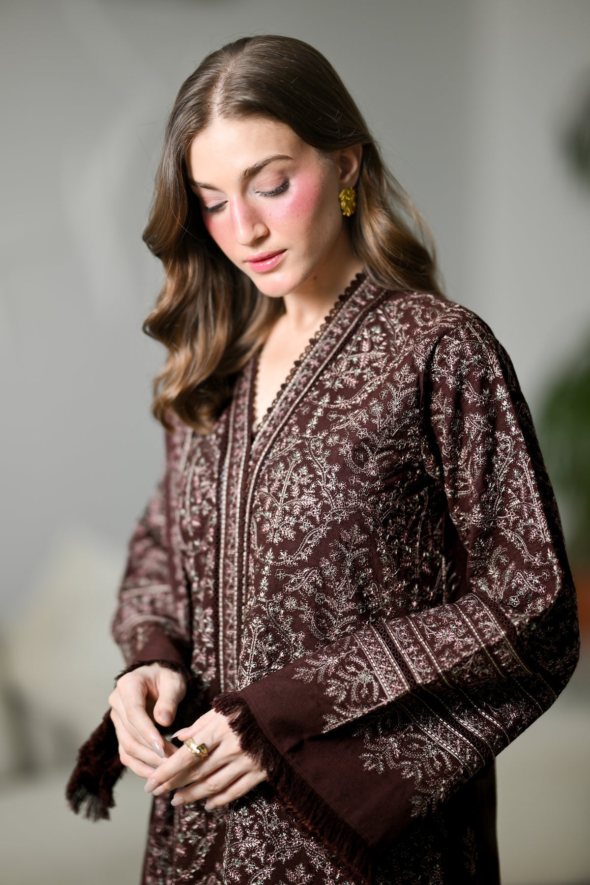 MIRA I - CHOCOLATE BROWN LUXURY EMBROIDERED KARANDI 3PCS SET (NEL-26634)