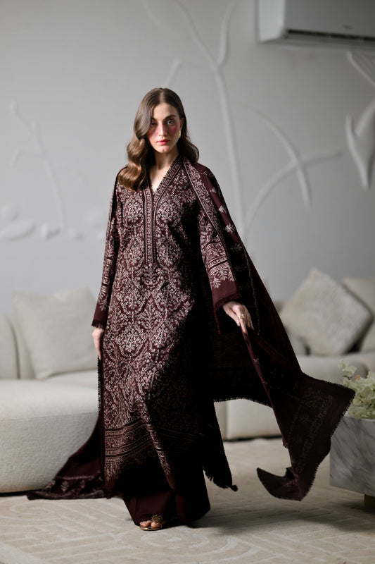 MIRA I - CHOCOLATE BROWN LUXURY EMBROIDERED KARANDI 3PCS SET (NEL-26634)