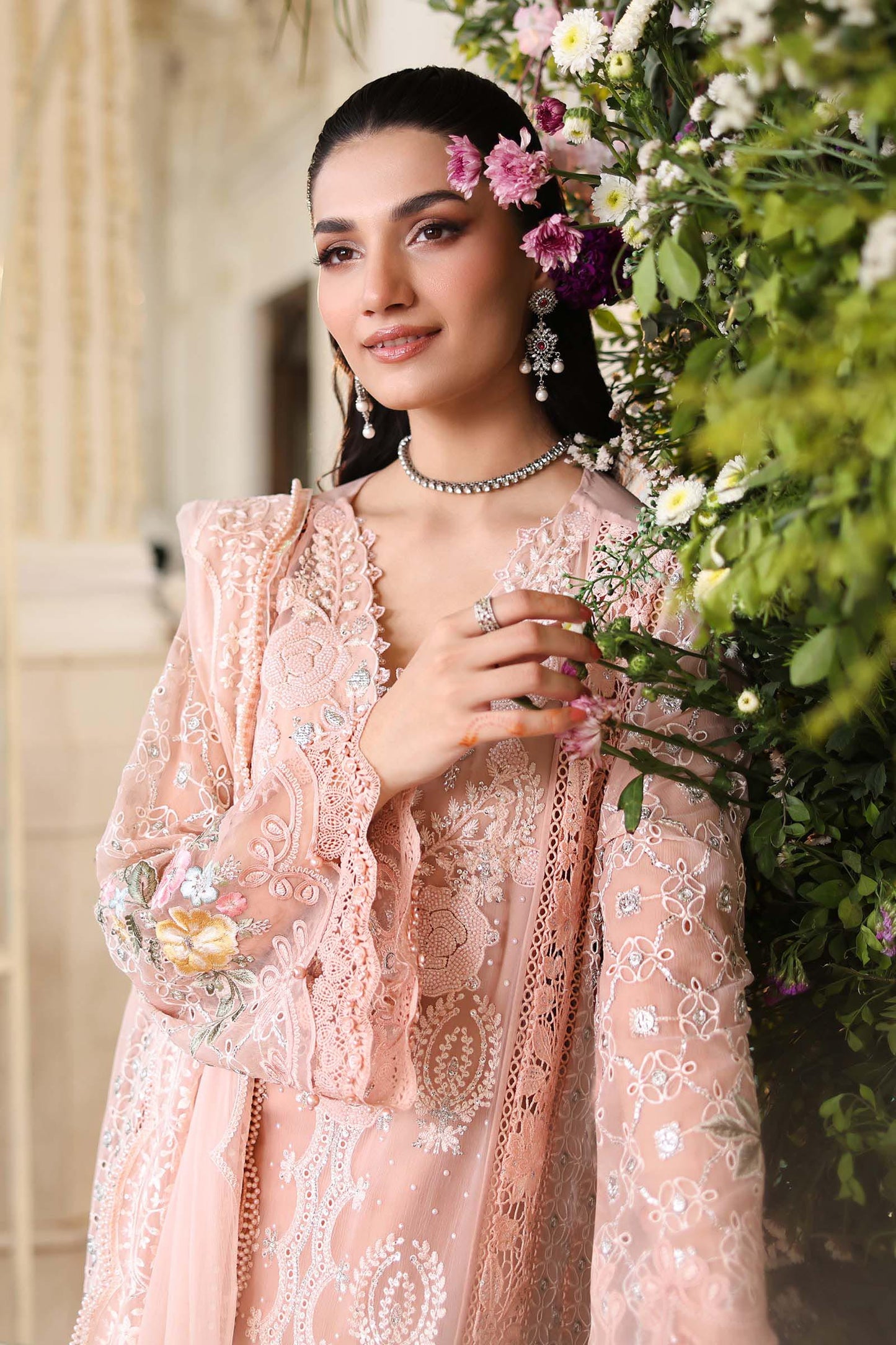 3 Piece Embroidered Chiffon Suit  MPC-26-104-Peach Pink