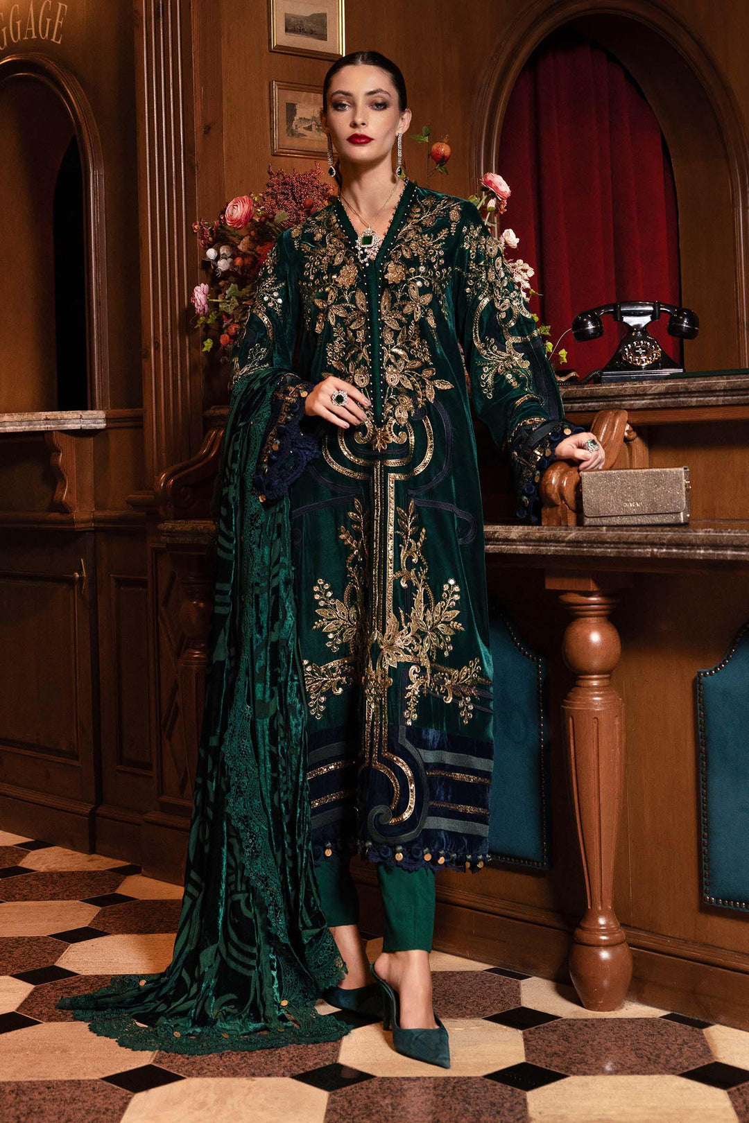 3 Pc Embroidered Velvet Suit