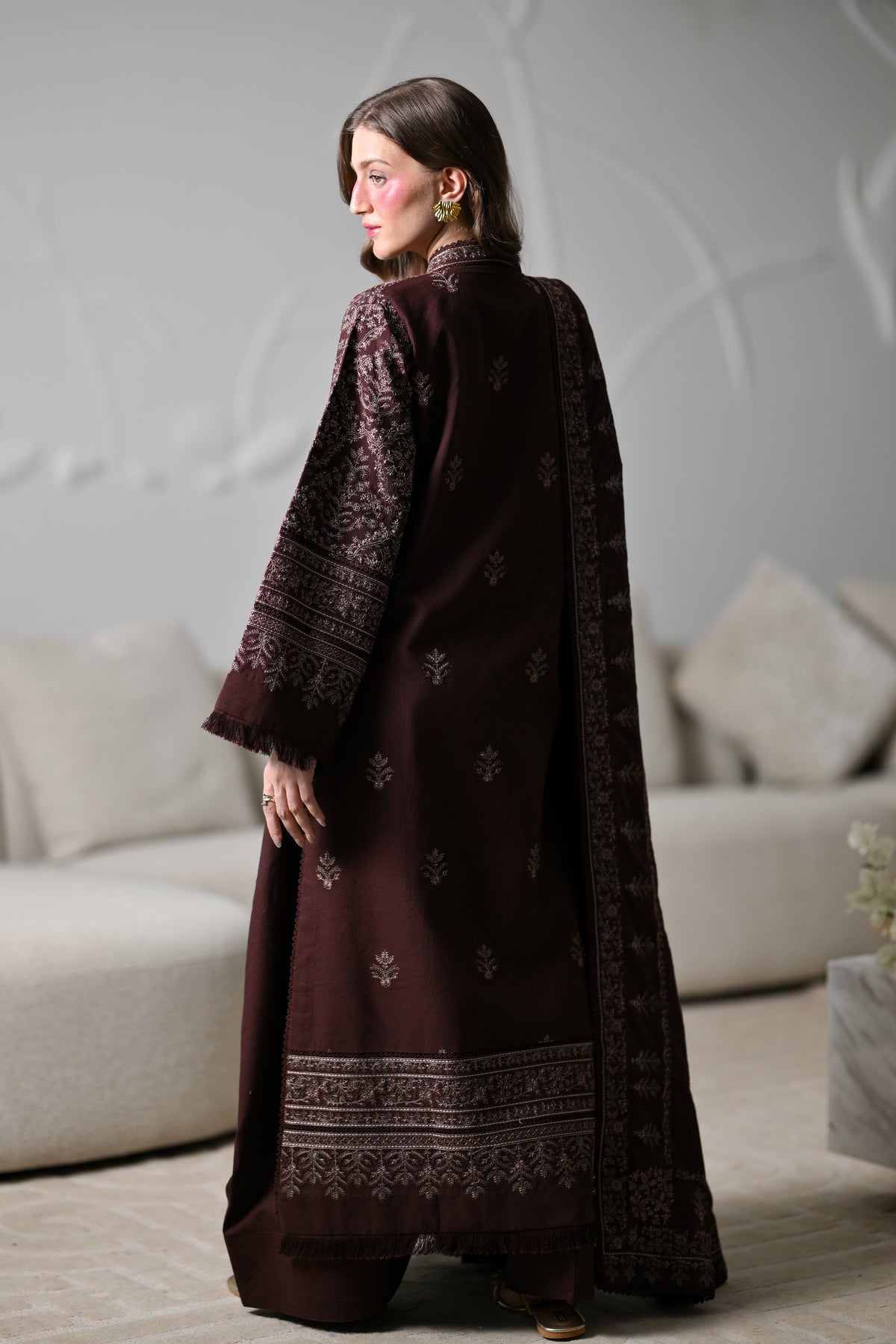MIRA I - CHOCOLATE BROWN LUXURY EMBROIDERED KARANDI 3PCS SET (NEL-26634)