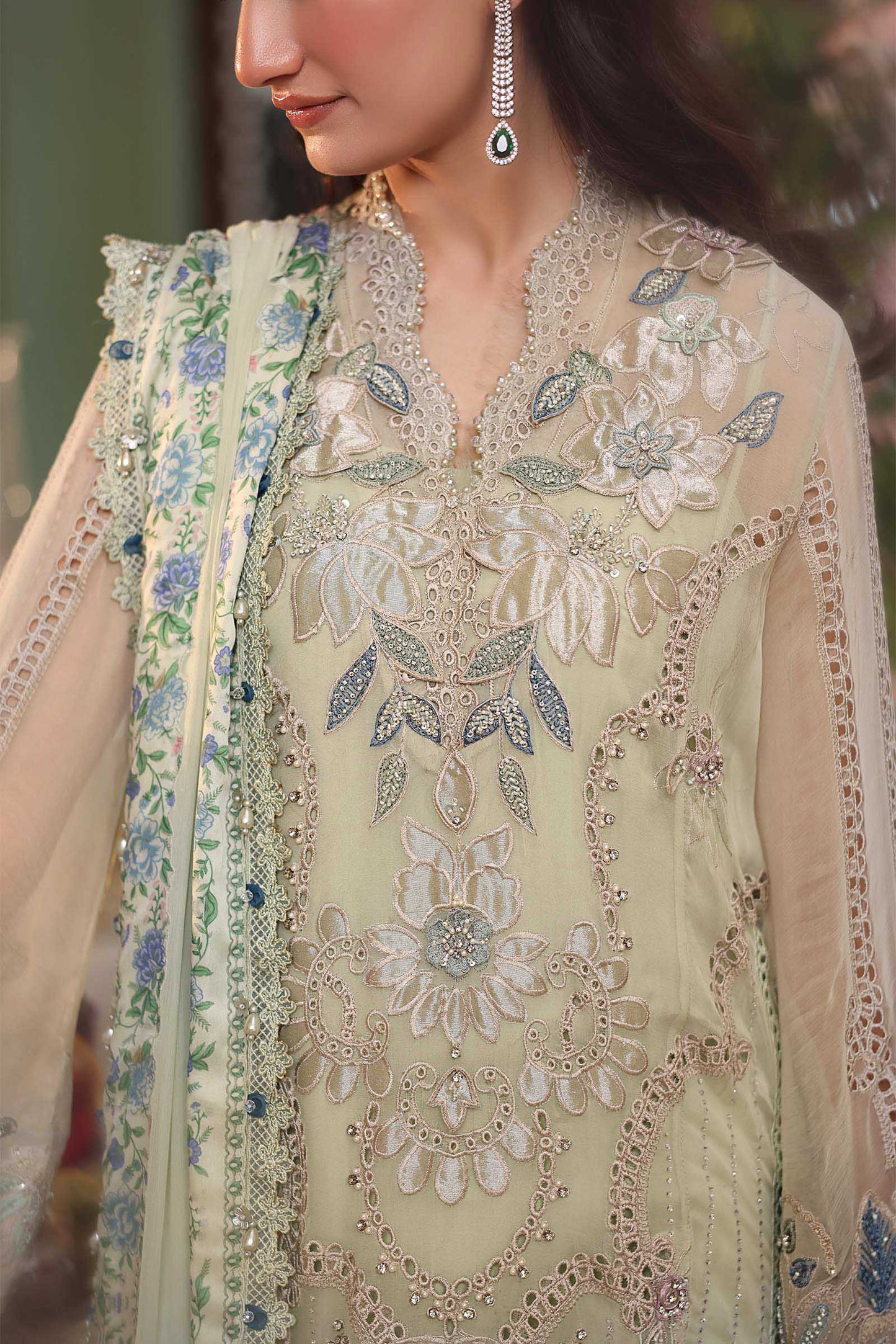 3 Piece Embroidered Chiffon Suit  BARCODE:MPC-26-105-Pistachio Green