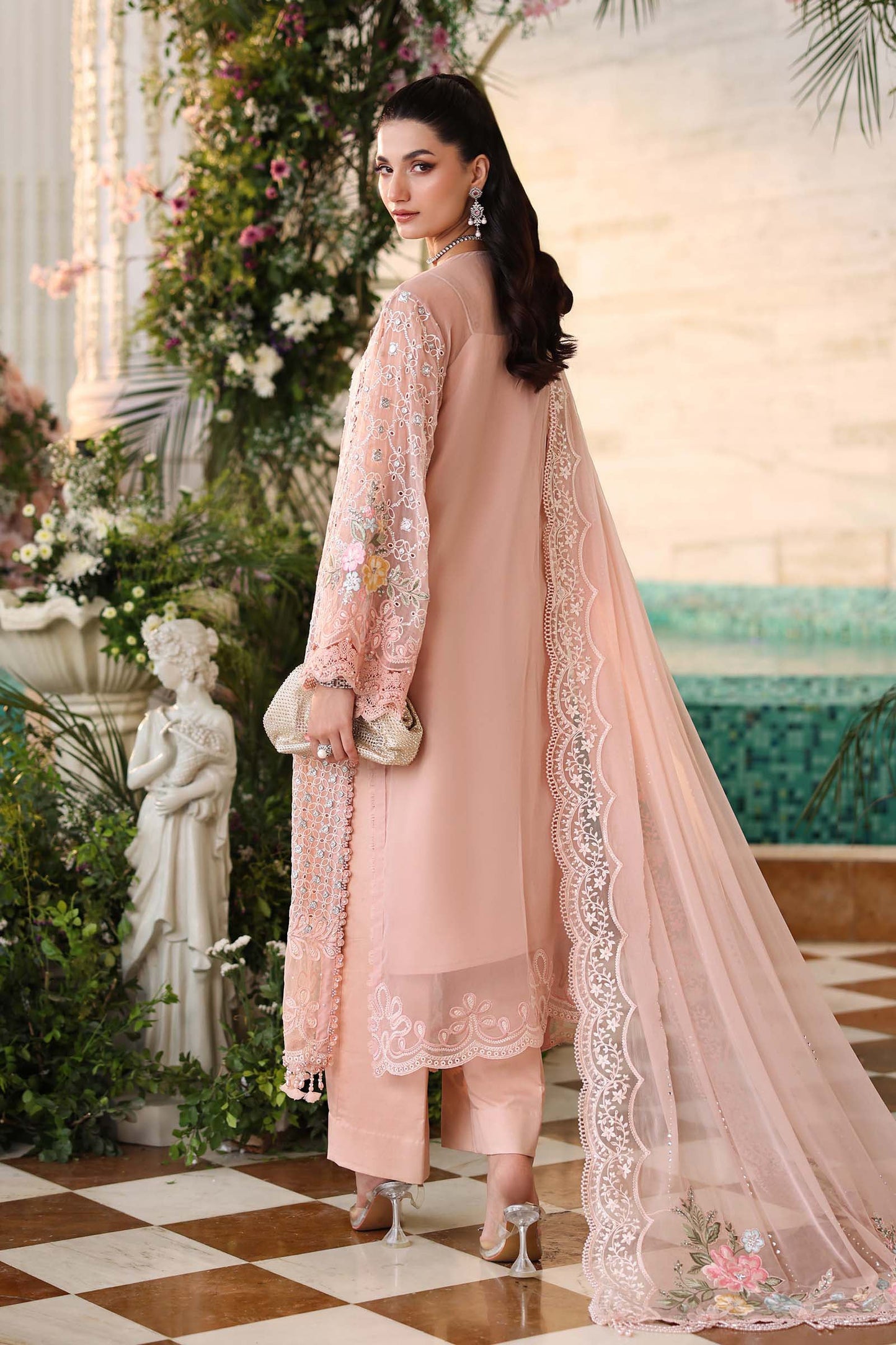 3 Piece Embroidered Chiffon Suit  MPC-26-104-Peach Pink