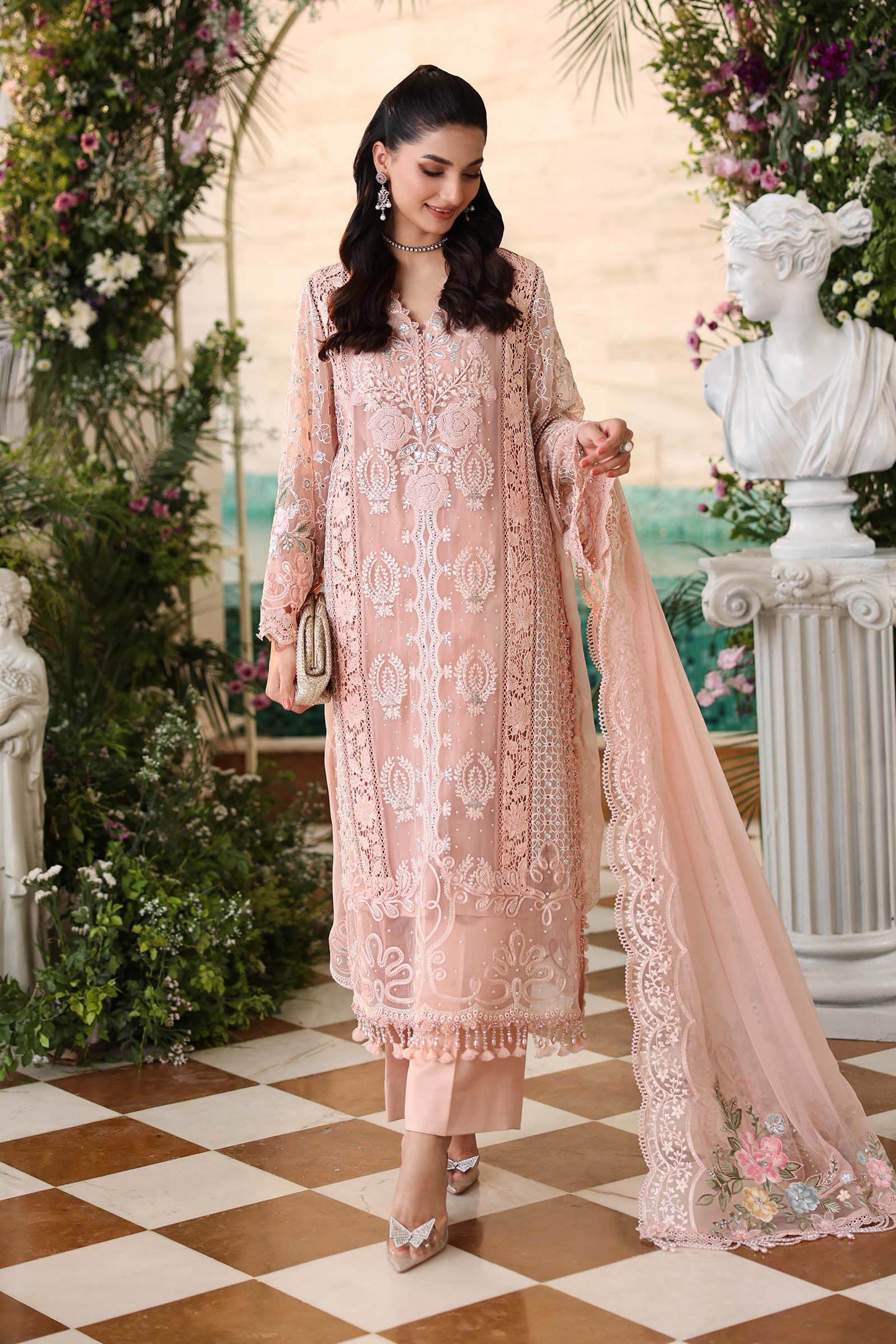 3 Piece Embroidered Chiffon Suit  MPC-26-104-Peach Pink