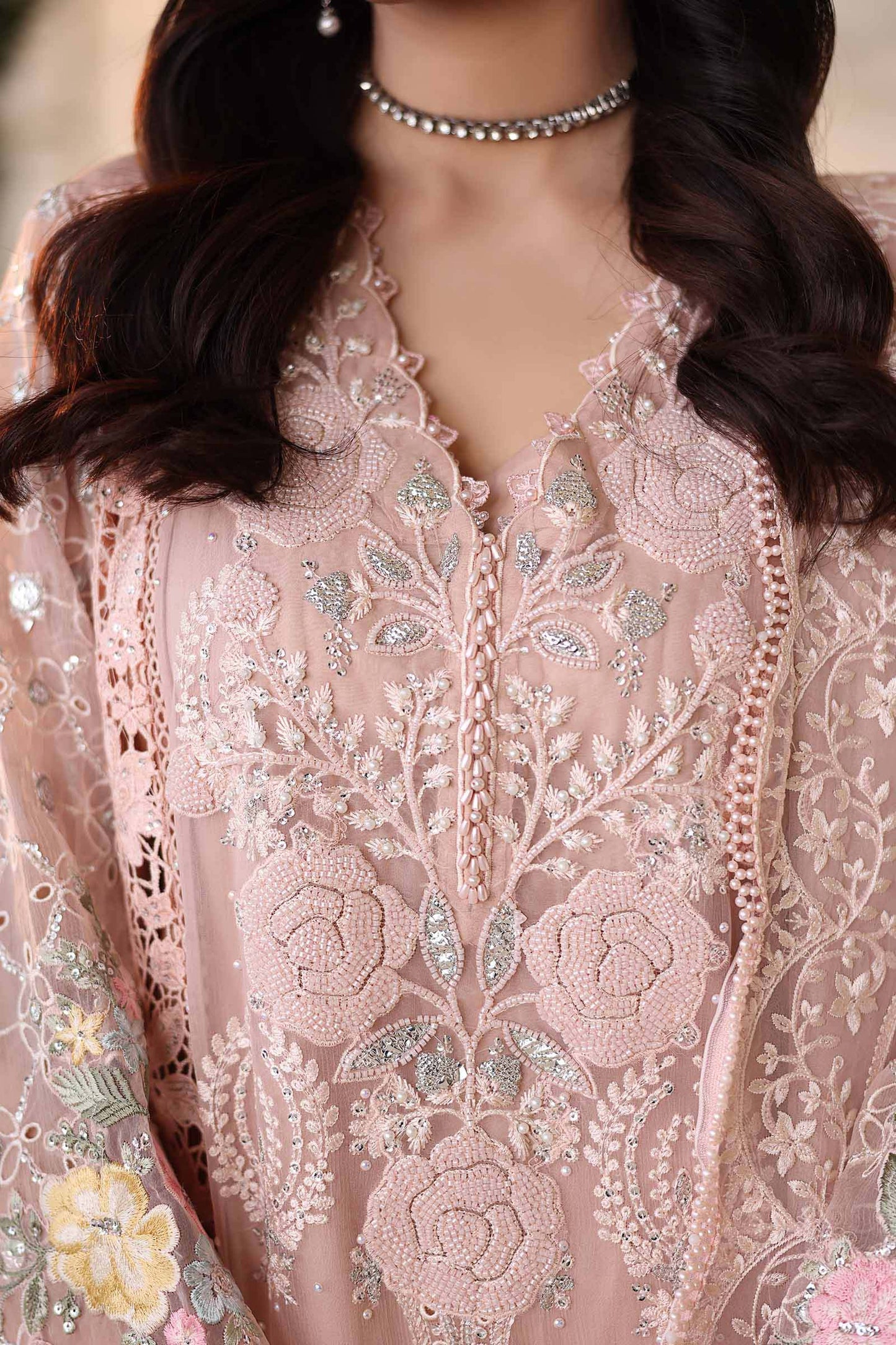 3 Piece Embroidered Chiffon Suit  MPC-26-104-Peach Pink