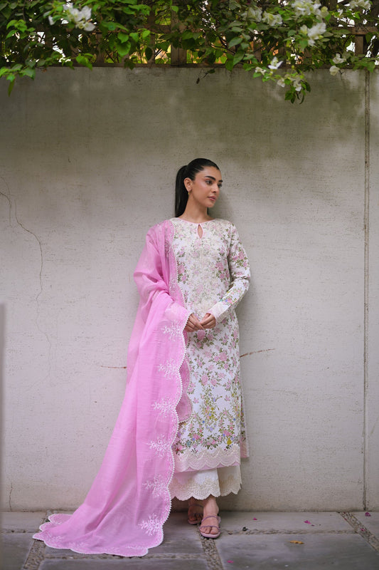 IVORY GARDEN LUXURY PRINTED EMBROIDERED LAWN SET (NEL-25621)