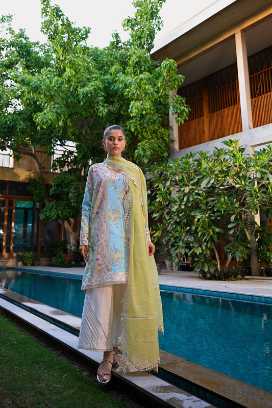 WHISPERS OF SUMMER / PISTACHIO LUXURY PRINTED EMBROIDERED LAWN SET (NEL-25620)